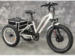 Electric bicycle, 3 wheeler, 24+20 inch with fat tires, 7 speed, white, disc brakes, shocks,